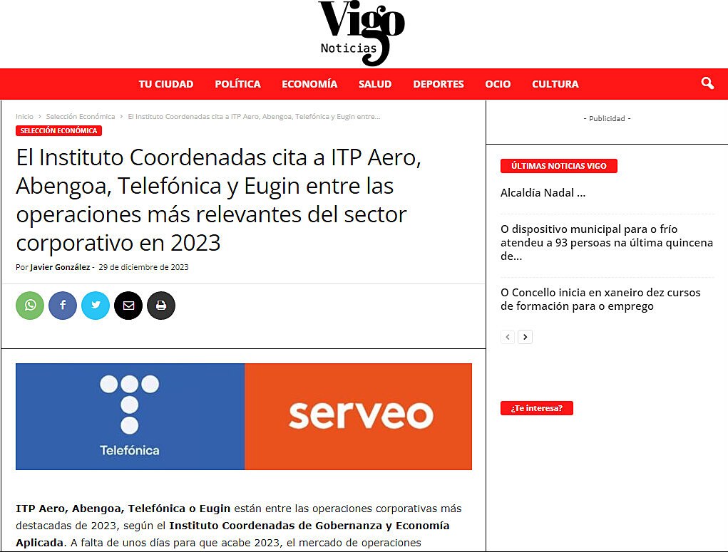 El Instituto Coordenadas cita a ITP Aero, Abengoa, Telefnica y Eugin entre las operaciones ms relevantes del sector corporativo en 2023